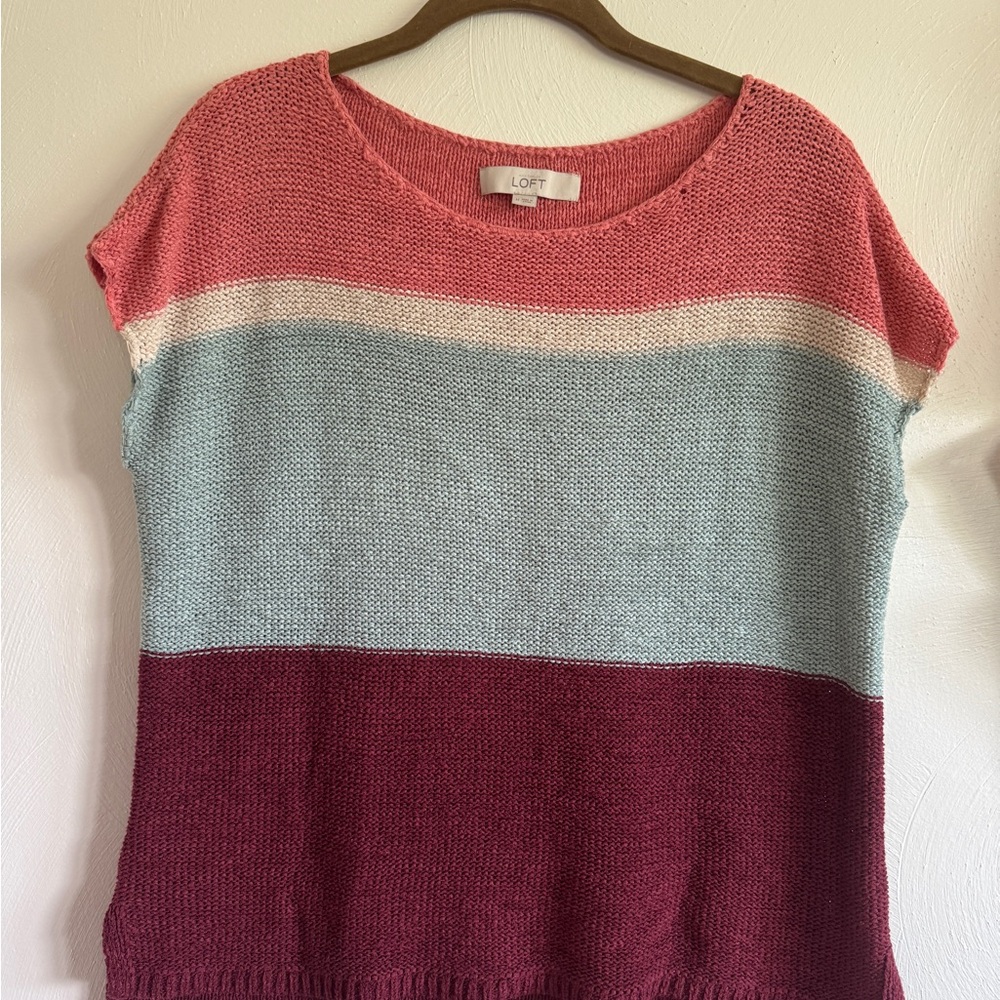 LOFT Pink, Light Blue & Burgundy Colorblock Cap Sleeve Sweater